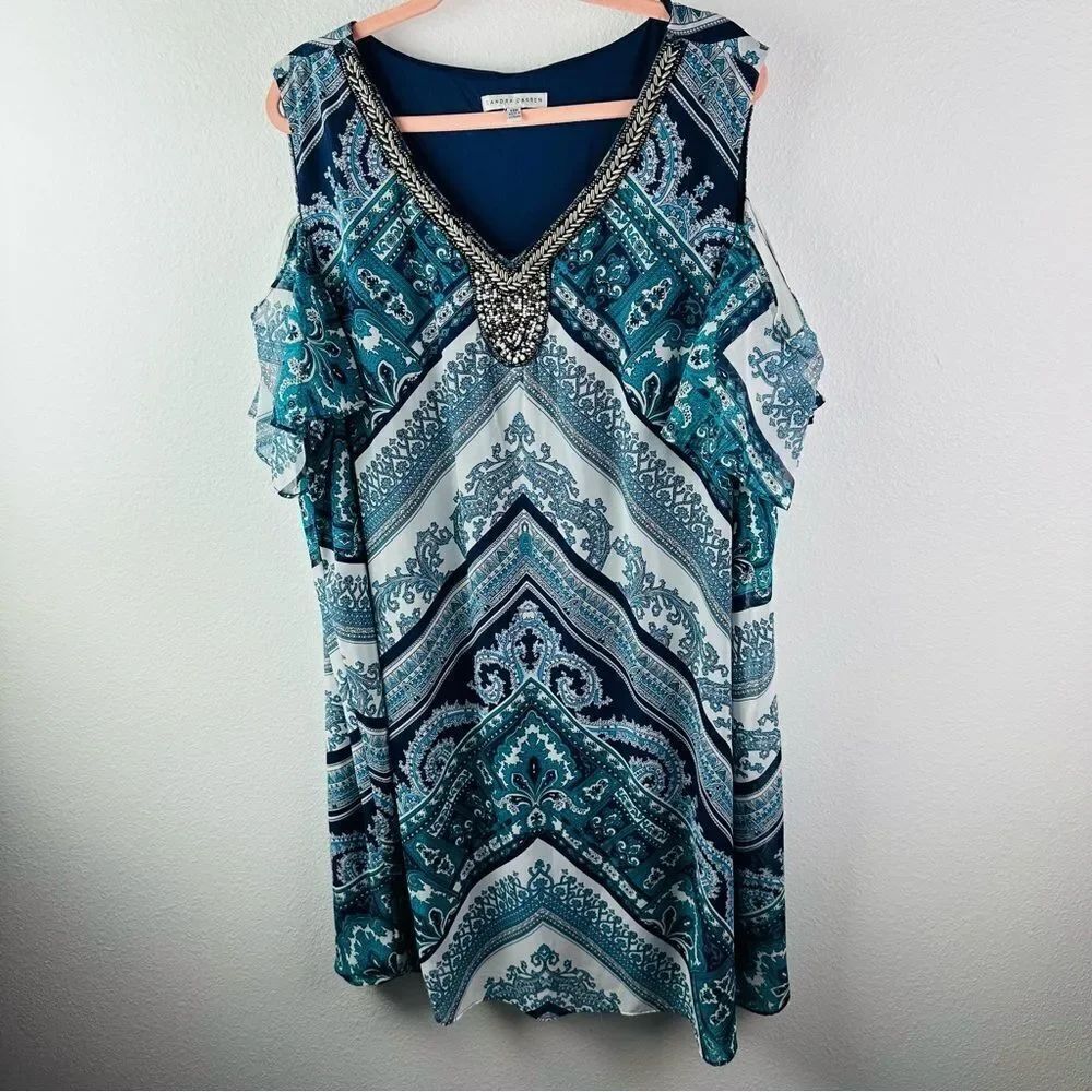 Sandra Darren Boho Beaded Lined Cold Shoulder Knee Length Dress Size 22W